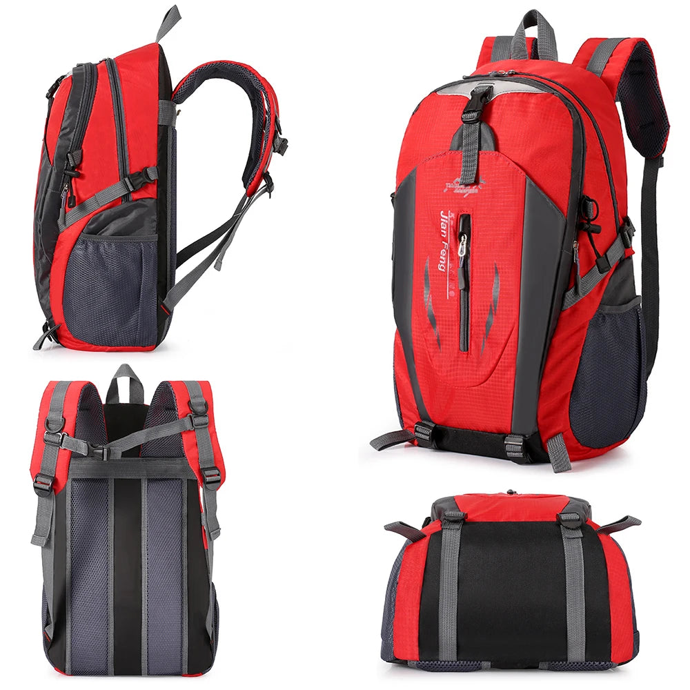 Red 40L waterproof hiking backpack from Corporación Turística, ideal for camping and outdoor adventures.