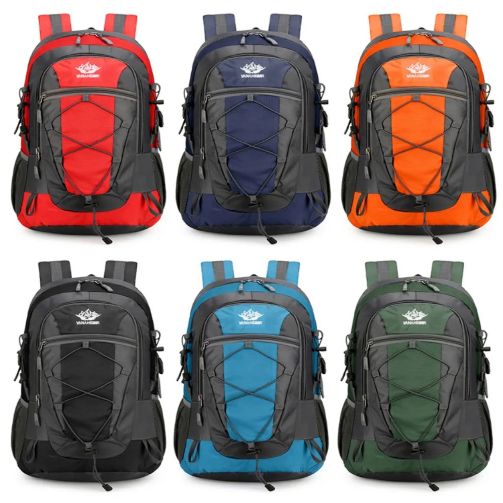 Red hiking backpack from Corporación Turística, 36-55L, waterproof, designed for outdoor adventures, with multiple compartments and adjustable straps.