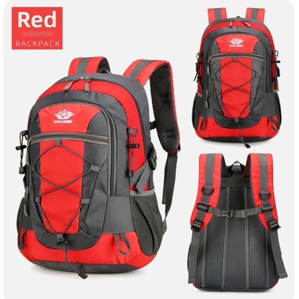 Red hiking backpack from Corporación Turística, 36-55L, waterproof, designed for outdoor trekking and adventure.