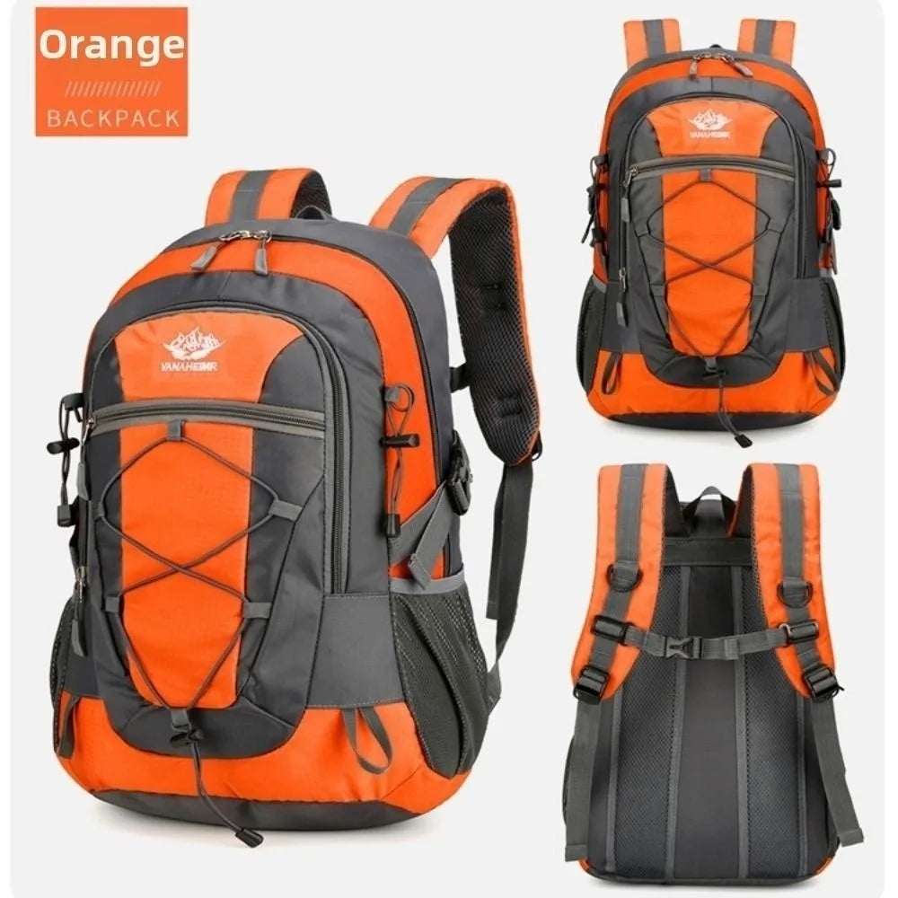 Red 36-55L waterproof hiking backpack by Corporación Turística with multiple compartments and adjustable straps.