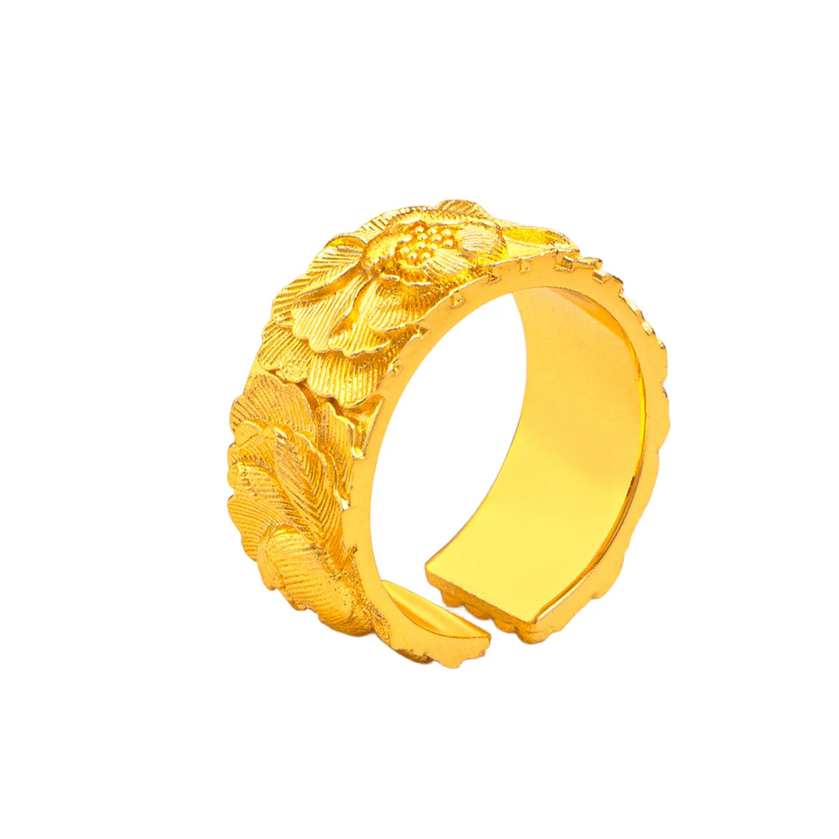 Open peony relief ring for women by Corporación Turística, featuring intricate floral design and 9.5mm band detail.