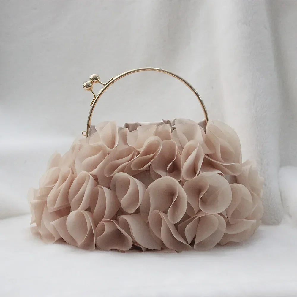 Luxury floral satin women's clutch bag in vibrant red, featuring elegant design and compact size, ideal for evening occasions.