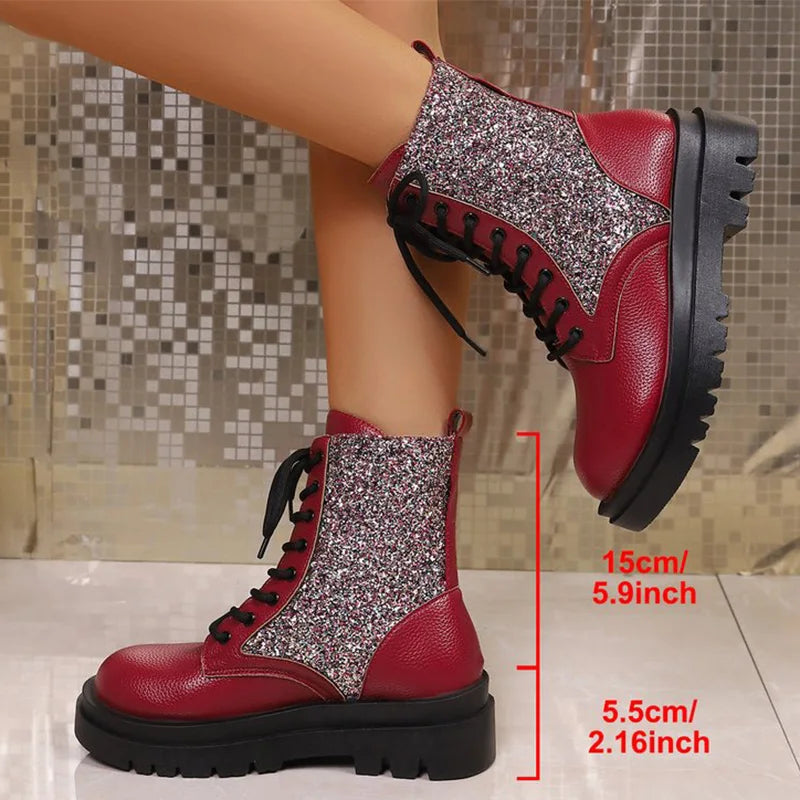 Bright red retro-style women's boots with shiny finish and lace-up design from Corporación Turística.