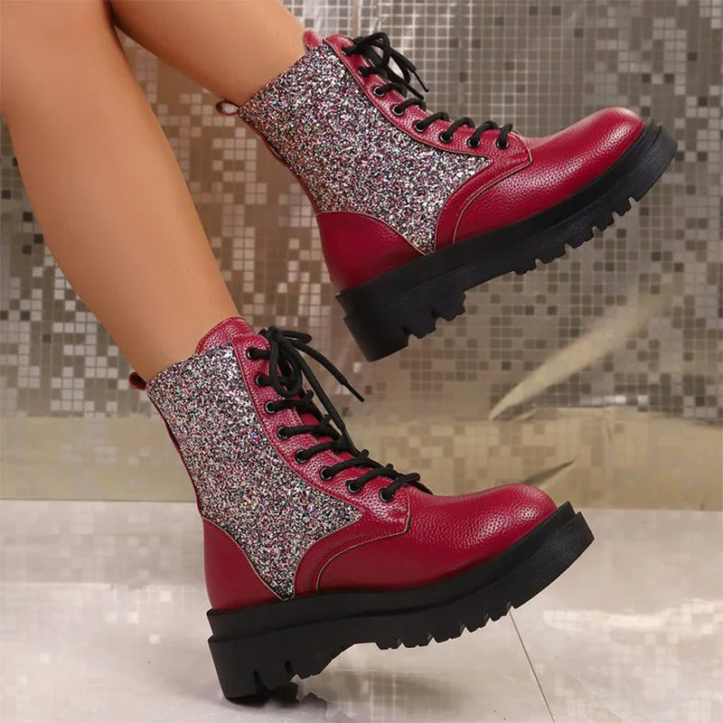 Bright red retro women's boots with shiny finish and lace-up design, perfect for fashionable casual wear.