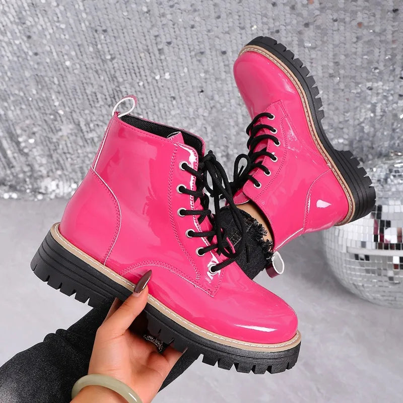 Red patent leather platform lace-up ankle boots from Corporación Turística, stylish and new with a chunky heel.