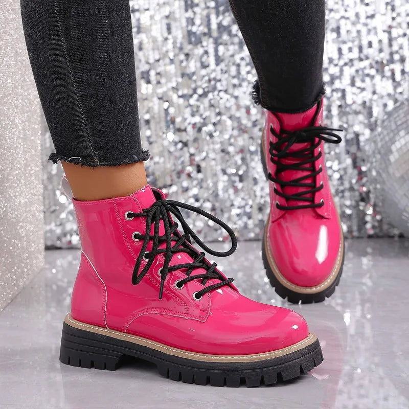 Red patent leather platform ankle boots with laces from Corporación Turística, new and stylish for fashionable footwear.