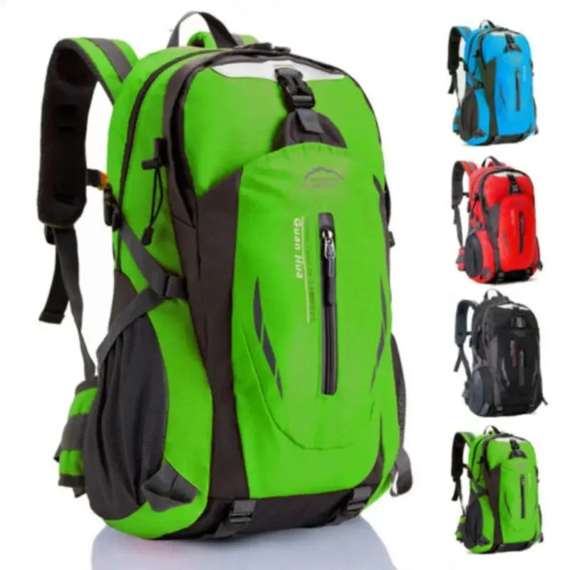 Red 40L waterproof backpack for camping, large hiking bag by Corporación Turística, with adjustable straps and multiple compartments.