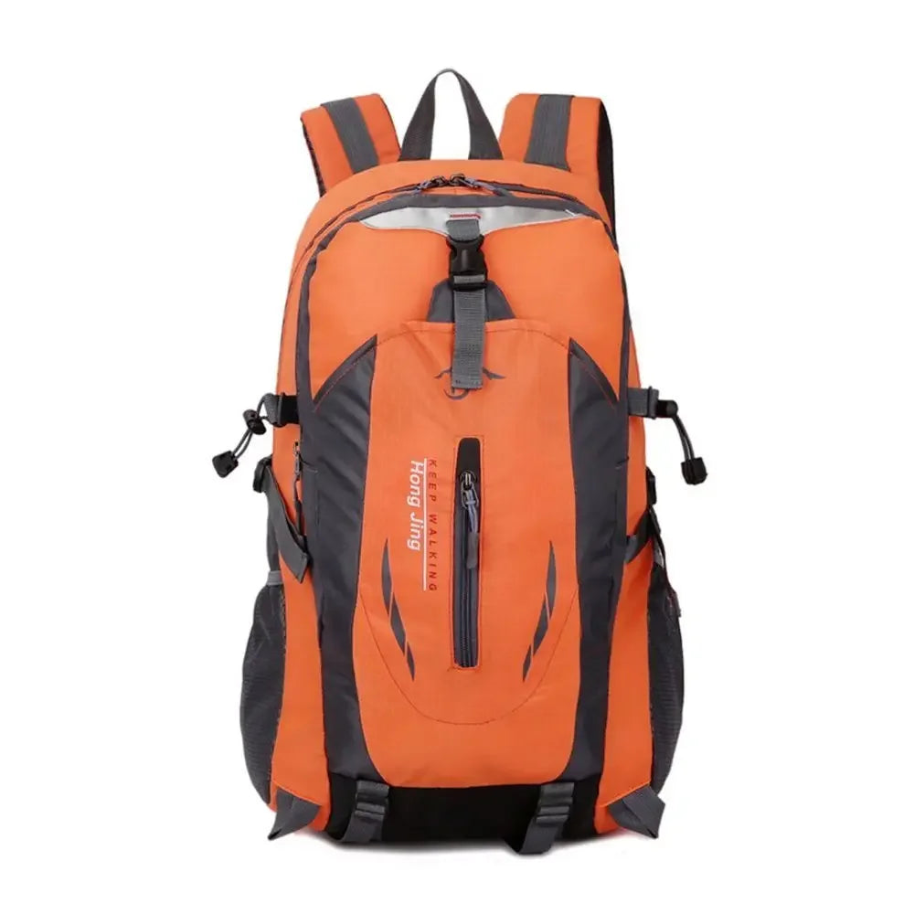 Red 40L waterproof camping backpack by Corporación Turística, showing sturdy straps and spacious main compartment.