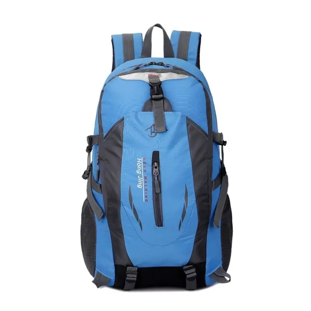 Large 40L waterproof camping backpack by Corporación Turística in red, showing sturdy straps and spacious main compartment.