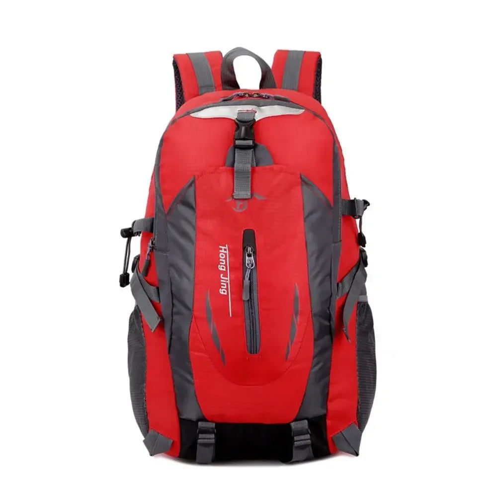 Large 40L waterproof camping backpack by Corporación Turística in red, featuring multiple compartments and adjustable straps.