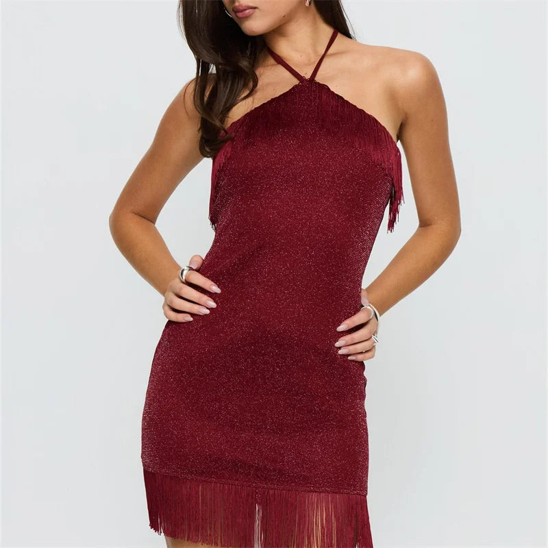 Red Y2K style summer short dress for women, Borgoña color, by Corporación Turística, with a fitted, trendy design.