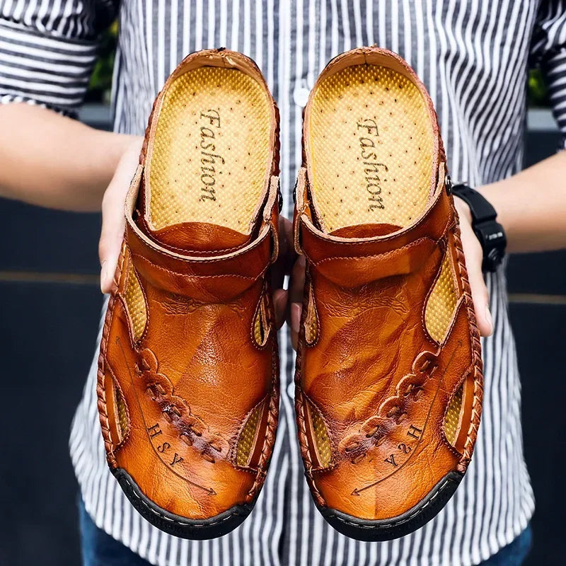 Genuine leather men's sandals in red and brown by Corporación Turística, casual open-toe footwear for warm weather.