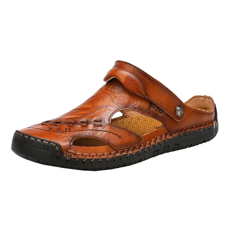 Genuine leather men's sandals in red and brown, casual slip-on style with textured soles, by Corporación Turística.