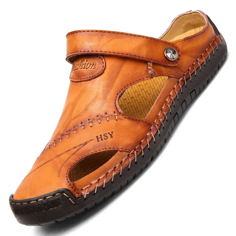Genuine leather men's sandals in red and brown by Corporación Turística, casual slip-on style with open toes and comfortable design.