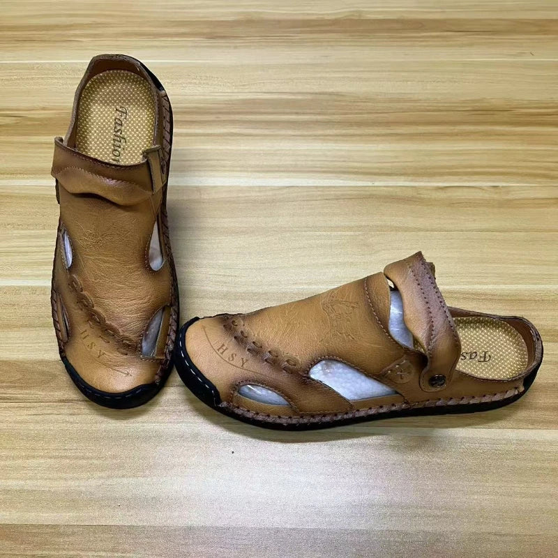 Genuine leather men's sandals in red and brown from Corporación Turística, featuring open-toe design and casual style.