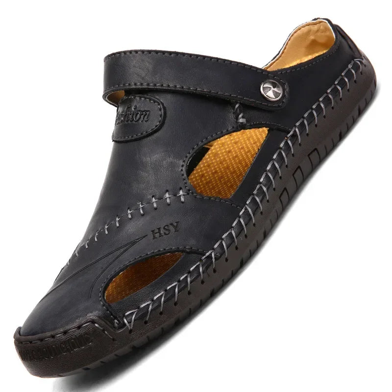 Genuine leather men's sandals in red and brown from Corporación Turística, featuring open-toe design and comfortable straps.
