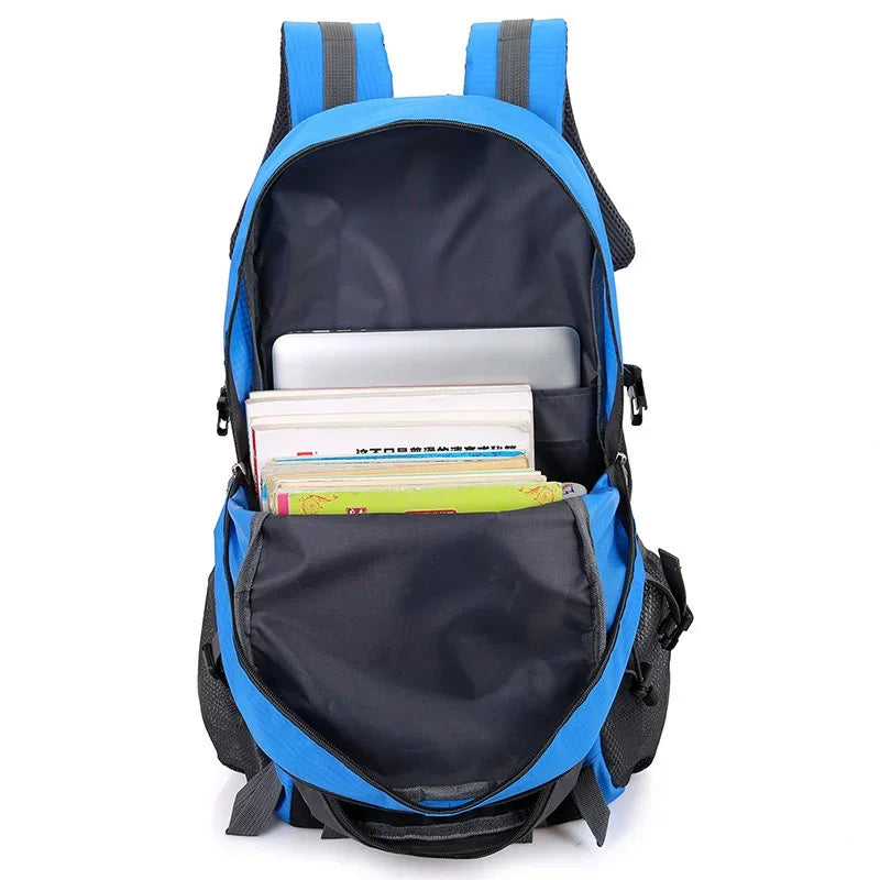Red high-quality nylon waterproof travel backpack by Corporación Turística with multiple compartments and padded straps.