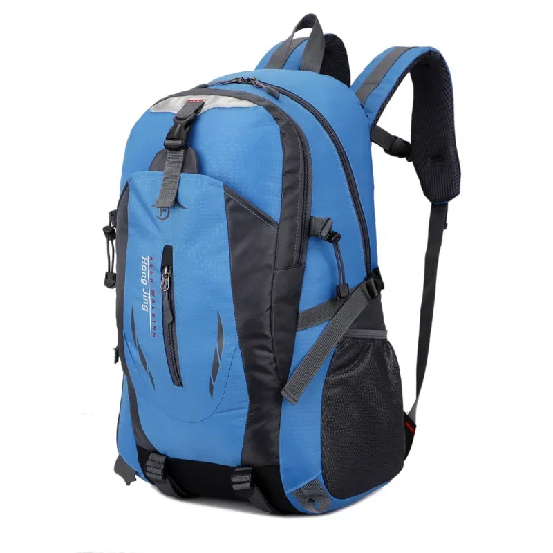 Red waterproof nylon travel backpack by Corporación Turística, featuring multiple compartments and adjustable straps.
