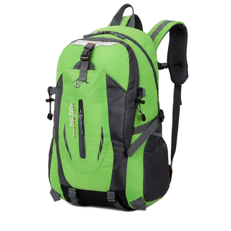 Red high-quality nylon waterproof travel backpack by Corporación Turística, showing durable design and ample storage space.