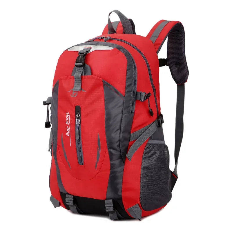 Red high-quality nylon waterproof travel backpack by Corporación Turística, featuring multiple compartments and padded straps.