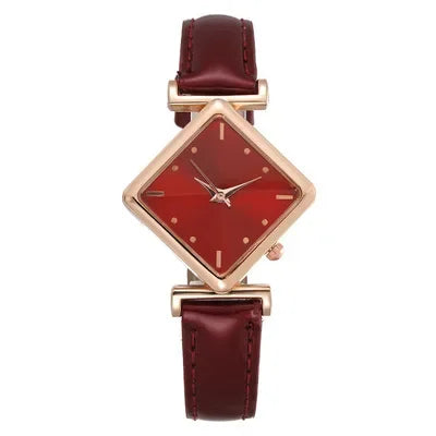 Elegant women's quartz watch with a diamond-shaped pointer in a red design, showcasing a sophisticated style by Corporación Turística.