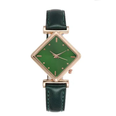 Elegant women's quartz watch with a red strap and diamond-shaped hour markers, featuring a sleek, sophisticated design.