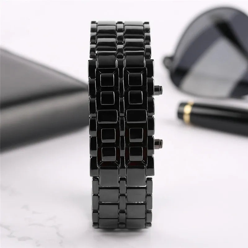 Digital lava watch for men in black with a fully metallic band by Corporación Turística, showcasing a modern, sleek design.