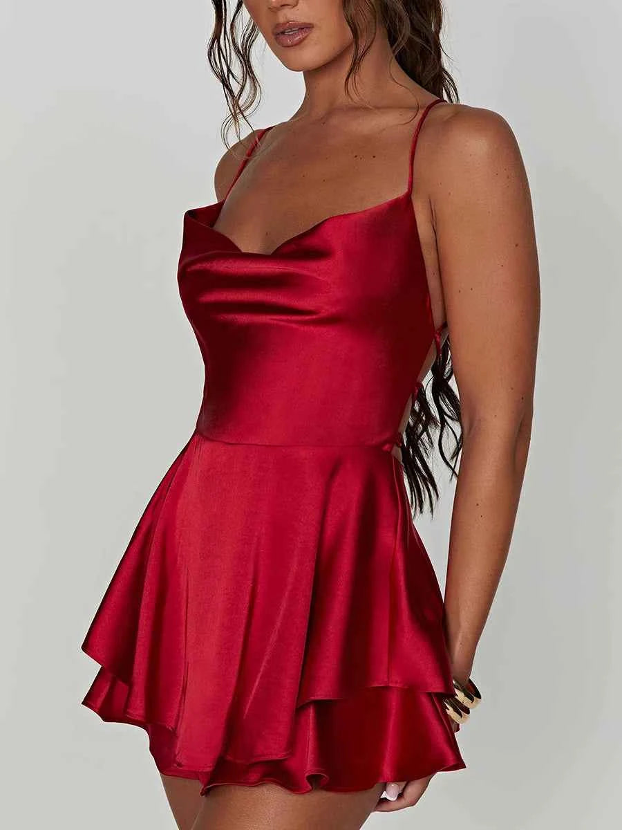 Red satin silk camisón for women, smooth and sexy slip dress, by Corporación Turística, featuring a sleek, fitted design.