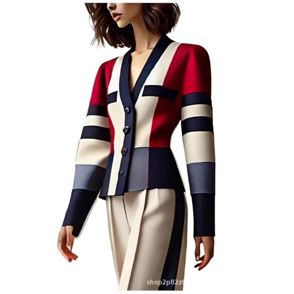 Elegant red women's blazer and matching pants set from Corporación Turística, stylish two-piece outfit for women.