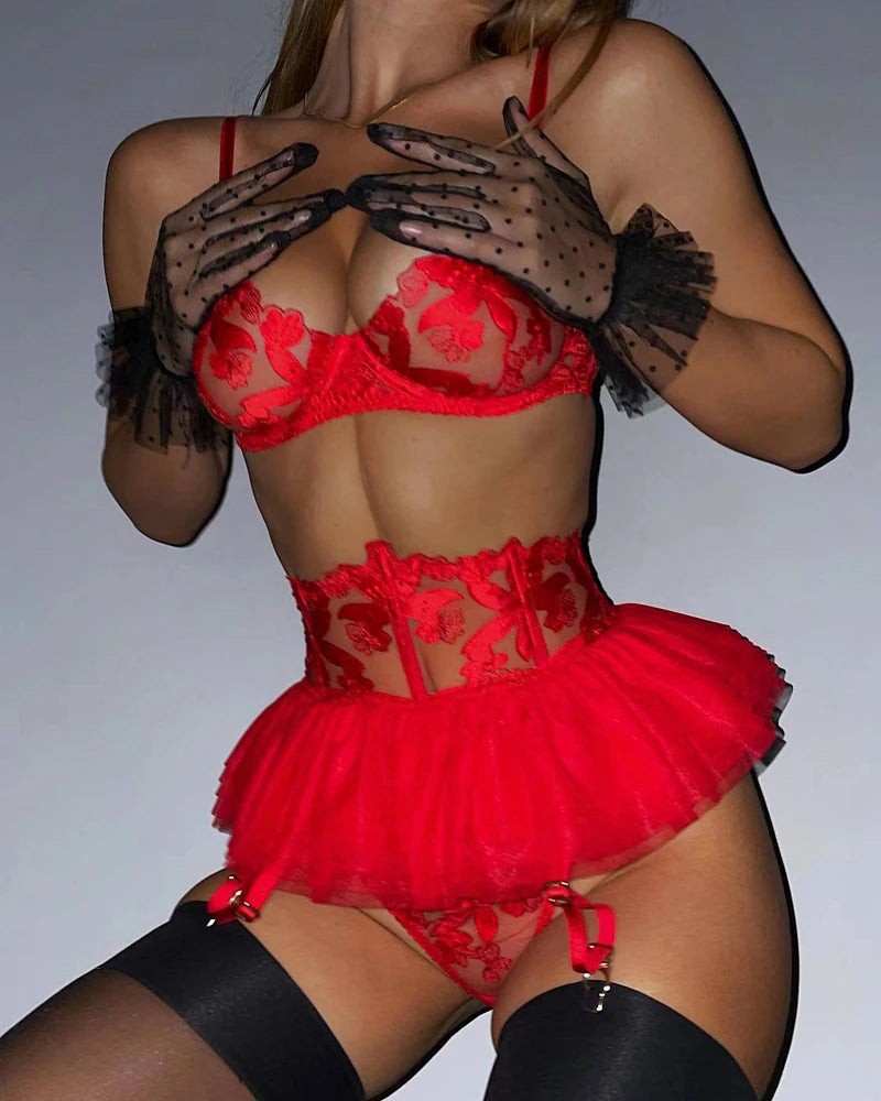 Luxury Himealavo women's lingerie by Corporación Turística, featuring elegant red lace and intricate design for a seductive look.