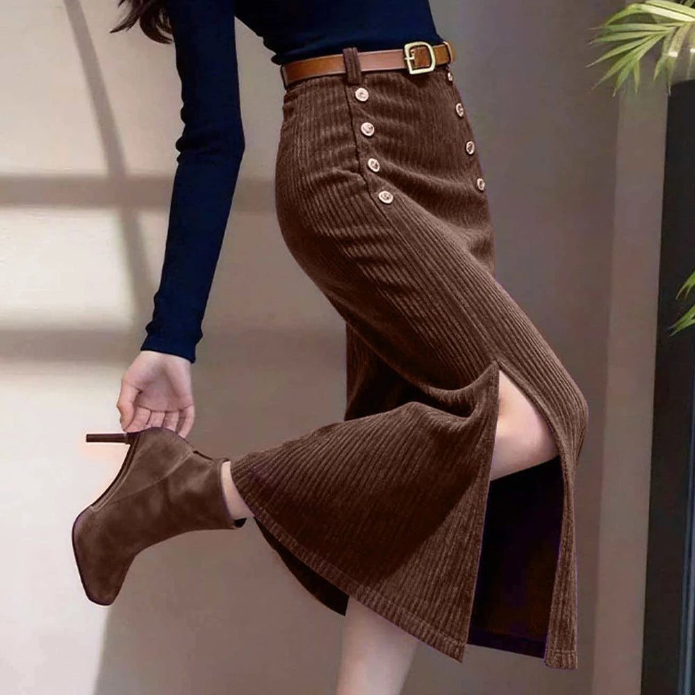 Long purple corduroy skirt for women, French style, by Corporación Turística, shown in a product image.