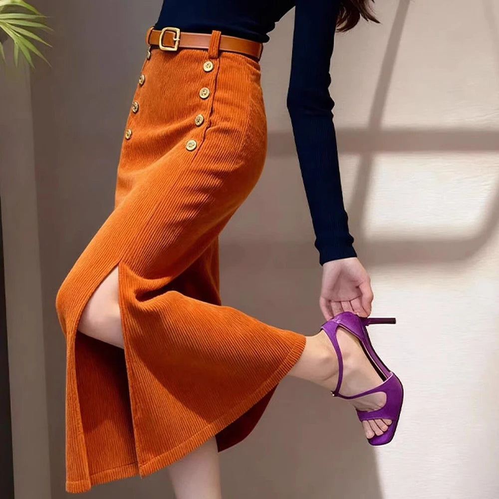 Long purple corduroy skirt for women by Corporación Turística, stylish French-inspired design and comfortable fit.