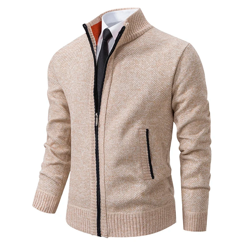 Beige men's polar sports coat with high collar, zipper closure, casual style, warm and suitable for outdoor wear.