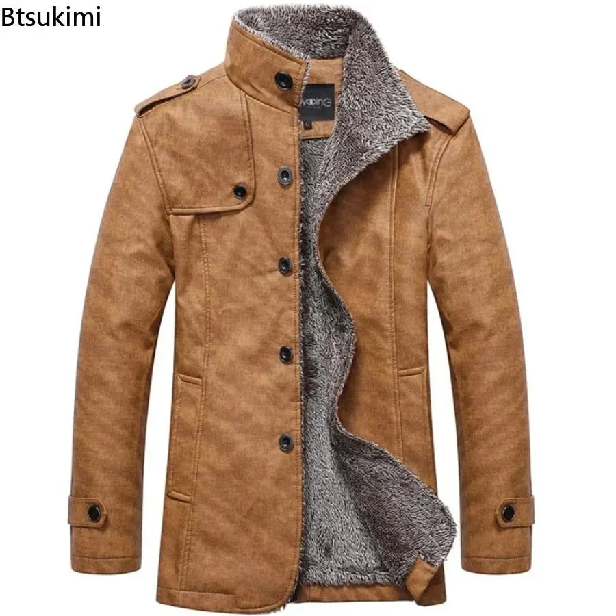 Men's khaki leather jacket by Corporación Turística, slim fit warm coat with wool lining, stylish men's outerwear.