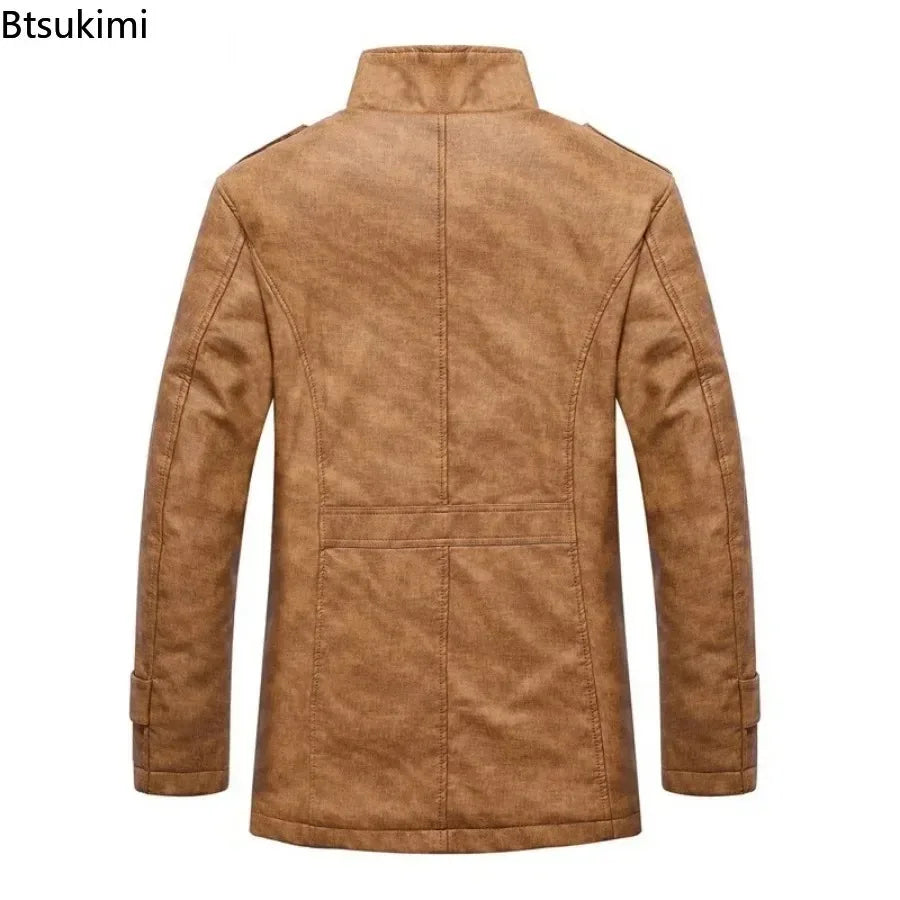 Khaki men's leather jacket by Corporación Turística featuring a slim fit, warm wool lining, and stylish design.