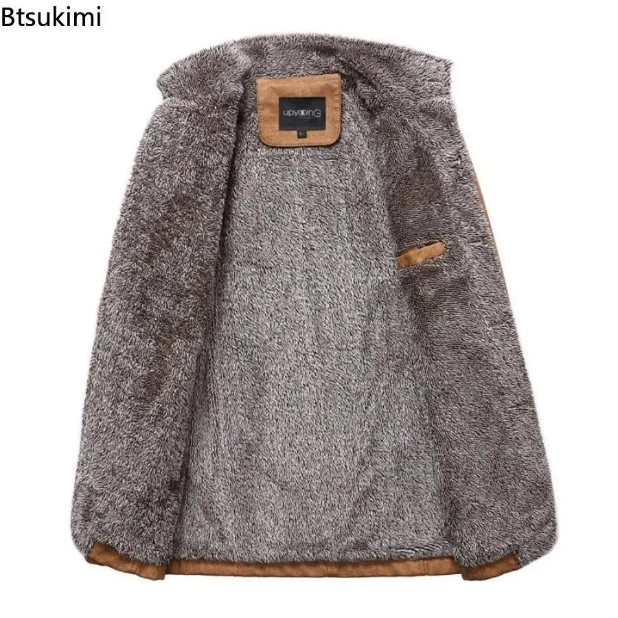 Khaki men's leather jacket by Corporación Turística, slim fit warm coat with wool lining, stylish and cozy for cold weather.