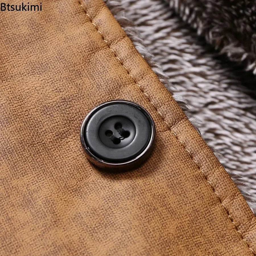 Men's khaki leather jacket by Corporación Turística, slim fit warm coat with wool lining, stylish and tailored for winter.