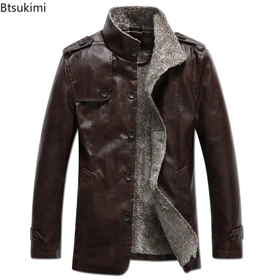 Khaki men's leather jacket by Corporación Turística, slim fit warm coat with wool lining, stylish and cozy for winter wear.