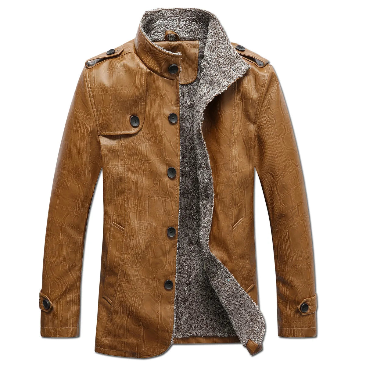 Khaki leather men's jacket by Corporación Turística, slim fit warm coat with wool lining, stylish and comfortable for cold weather.