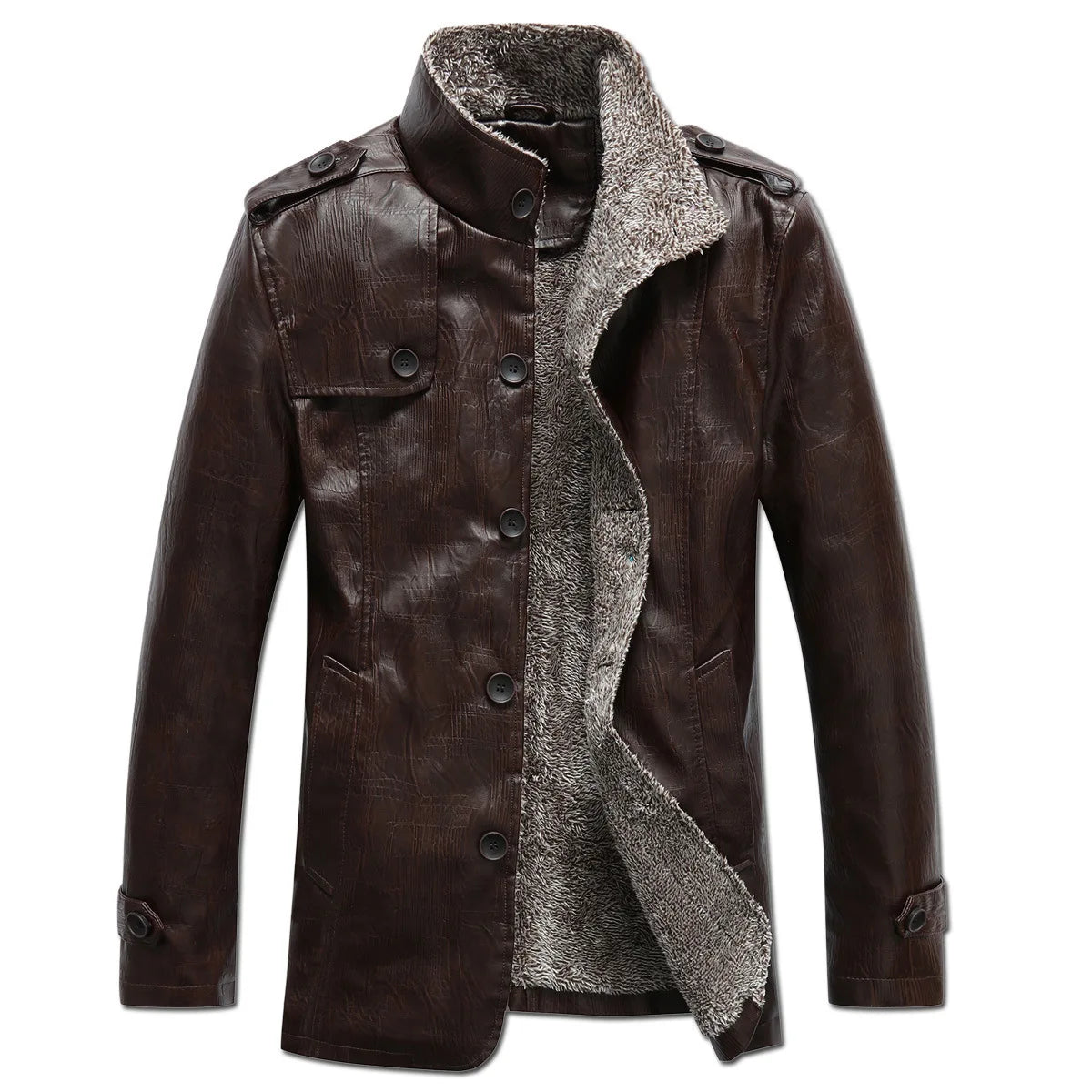 Khaki men's leather jacket by Corporación Turística with slim fit design, warm wool lining, suitable as a stylish winter coat.