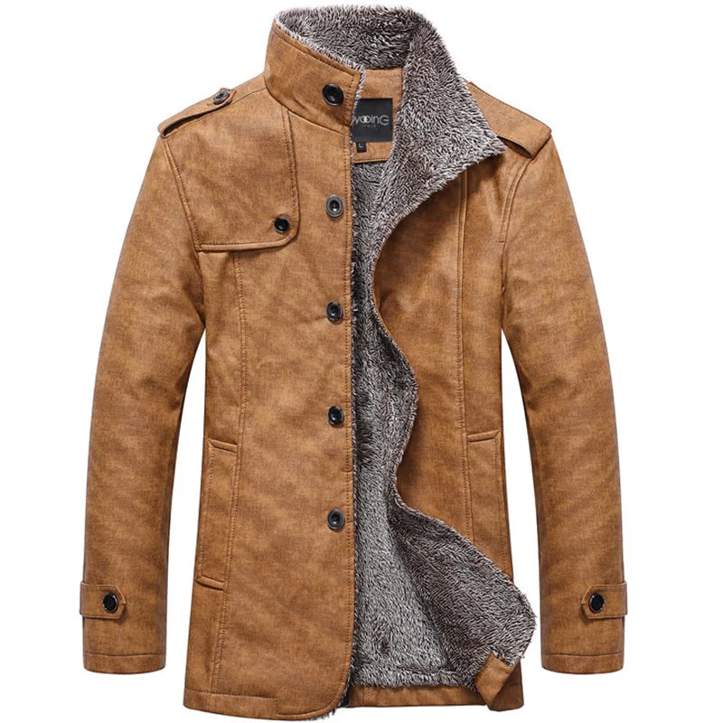 Men's khaki leather jacket by Corporación Turística, slim fit warm coat with wool lining, stylish and durable outerwear for winter.