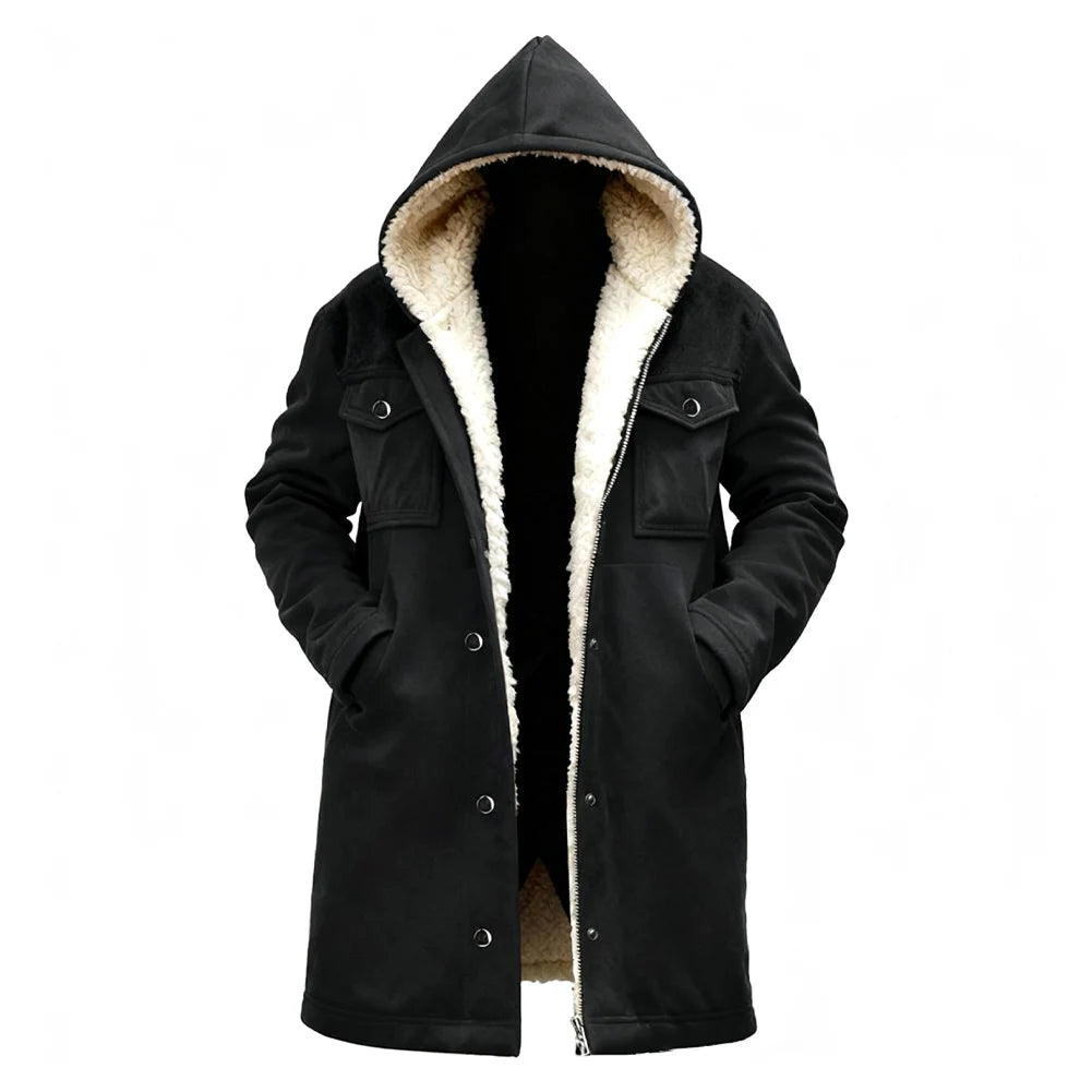 Green men's suede fleece jacket with hood, medium length, front zipper, by Corporación Turística, stylish and warm outerwear.