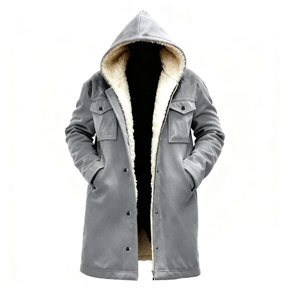 Green men's suede fleece hoodie jacket with medium length design, front zipper, and hood, from Corporación Turística.