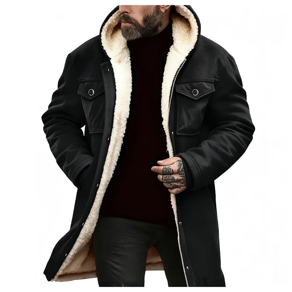 Men's green suede fleece hoodie jacket with zipper, long length, and hood, by Corporación Turística, casual and warm outerwear.