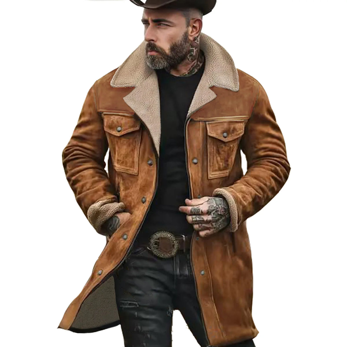 Men’s olive green leather jacket by Corporación Turística with multiple pockets, streetwear style, suitable for autumn and winter.