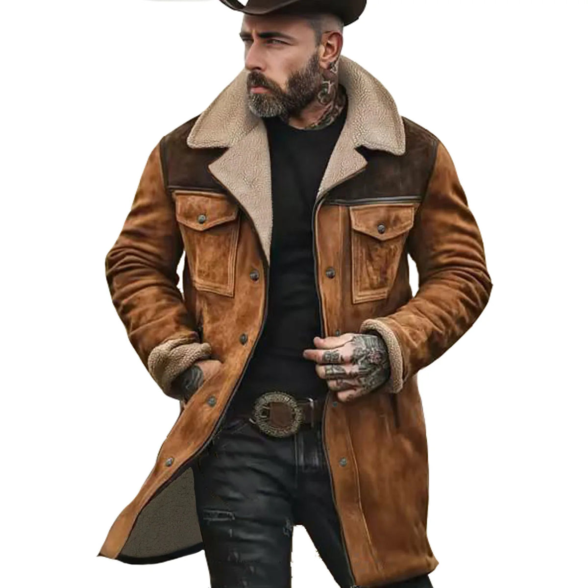 Hombre usando chaqueta de ante verde militar de Corporación Turística, estilo streetwear con múltiples bolsillos para otoño-invierno 2025.