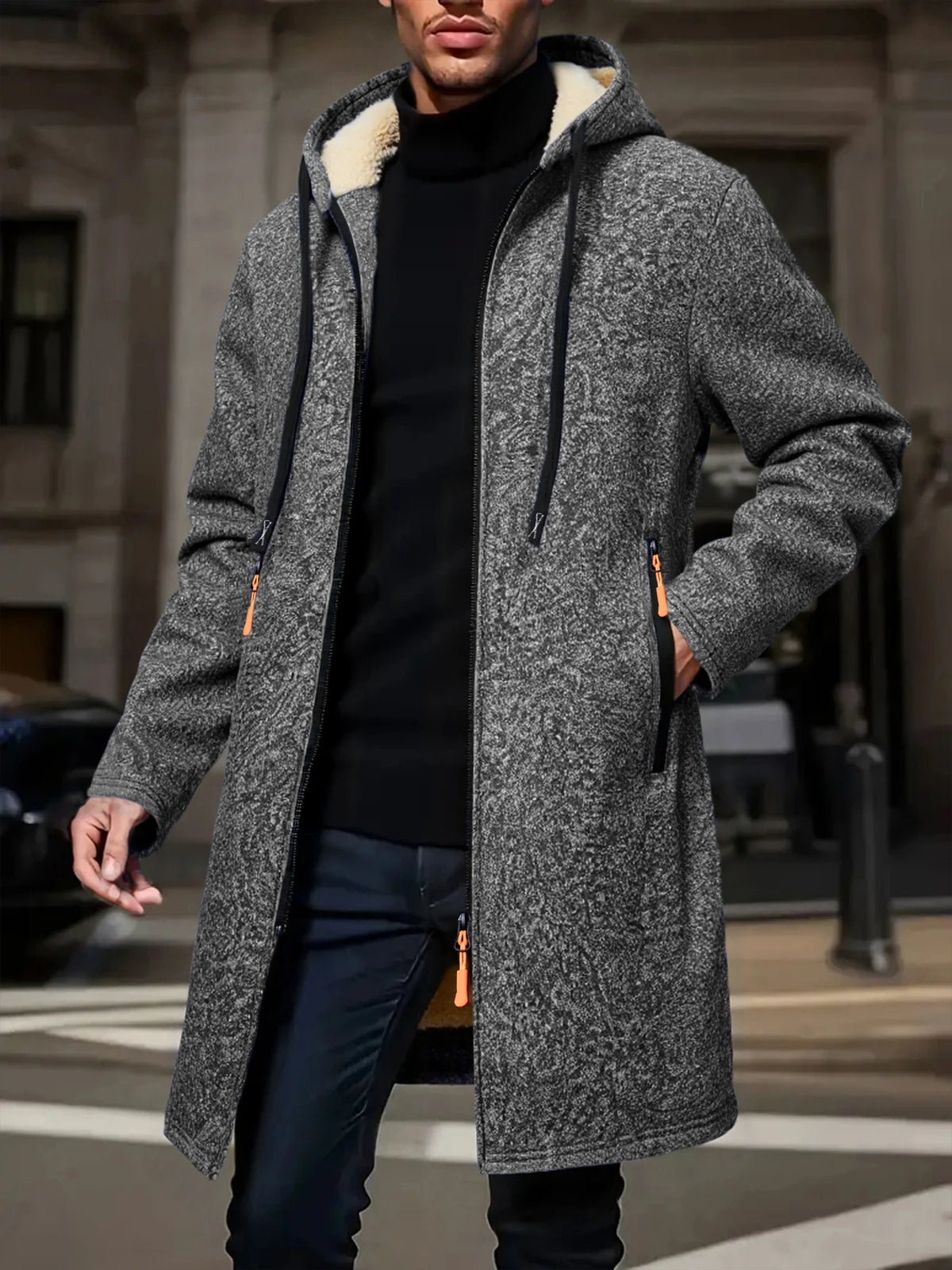 Black men's thick winter jacket with hood and zipper by Corporación Turística, casual style, ideal for cold weather.