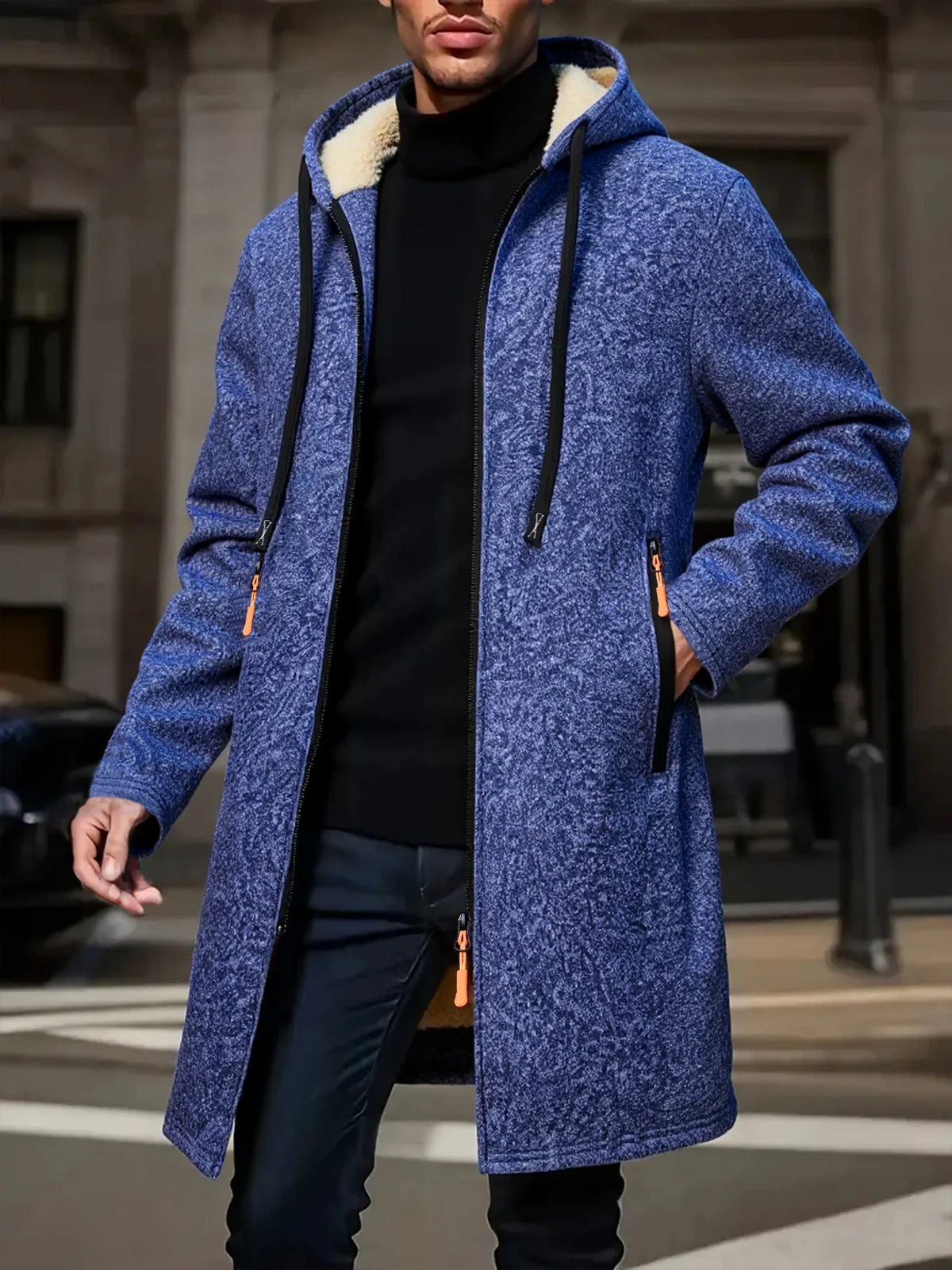 Black men's thick winter jacket with hood and zipper, casual design by Corporación Turística, suitable for cold weather.