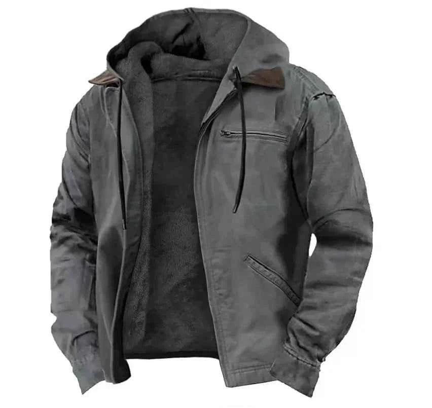 Gray men's winter hoodie jacket from Corporación Turística with a hood, ideal for cold weather.