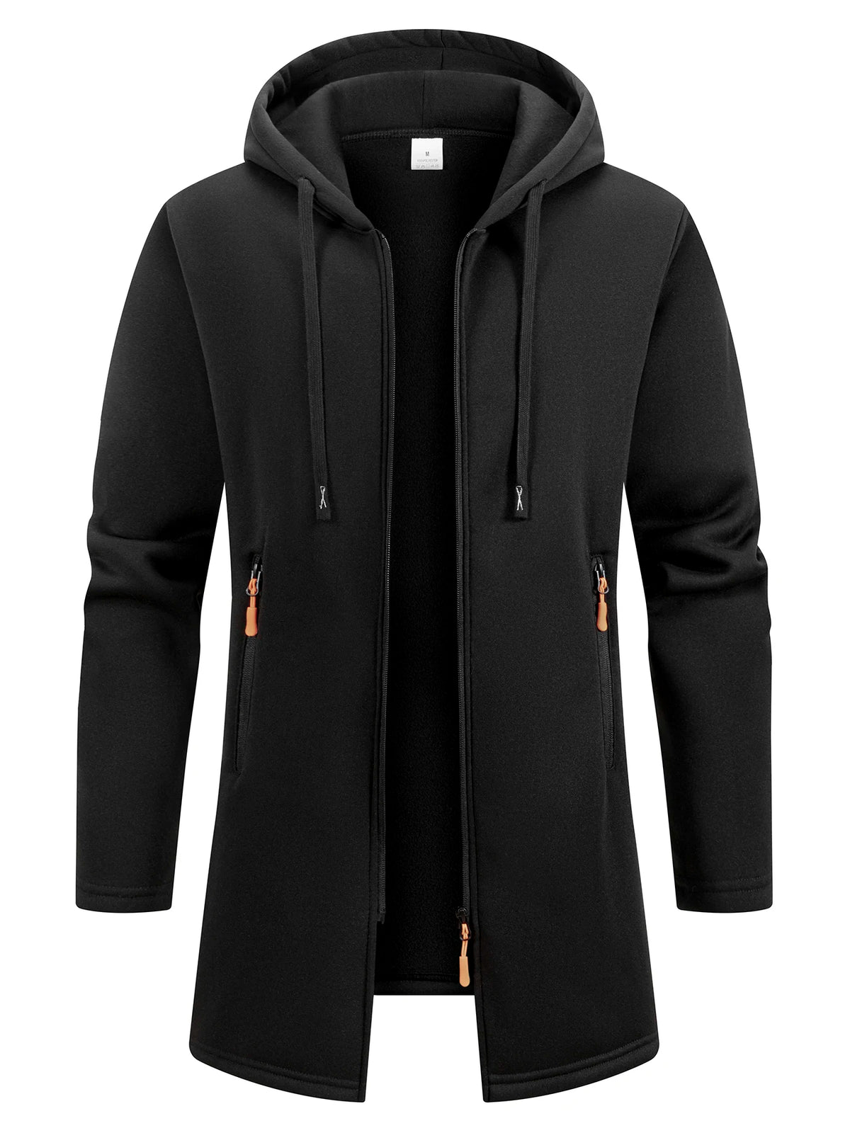 Black men's oversized winter jacket with hood and front zipper, warm and stylish, from Corporación Turística.